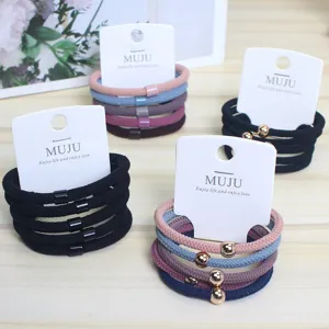 Korean Style Nylon Hair Ties Set Elastic Hair Ropes With Gold Beads And Flocking Hair Accessories For Women Daily Styling