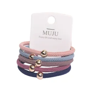 5-pack hair ties with gold beads, elastic nylon hair bands for daily hair styling use.