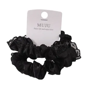 Black lace hair scrunchie set with tag, elegant hair tie rope for women daily wear