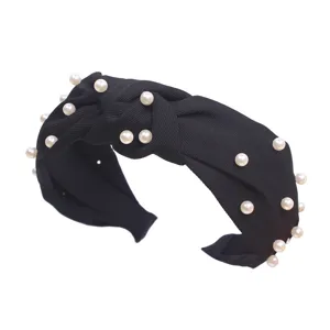 Elegante fascia per capelli in tessuto nero annodato a mano con perle, cerchietto retro chic.