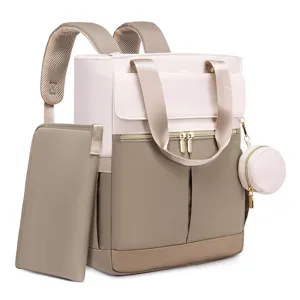 Multifunctional mommy diaper backpack with changing pad and pouch, pink khaki color.