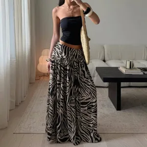 Jupe longue maxi à imprimé zèbre pour femme, style streetwear décontracté, coupe ample.