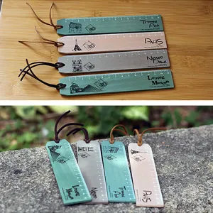 Vintage Paris architecture wooden bookmark ruler with leather cord, creative stationery set of 4.