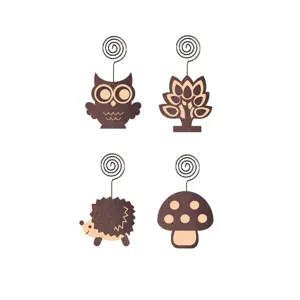 Cute wooden memo clips set of 4 owl tree hedgehog mushroom desk photo card holders.