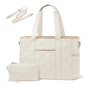 Women Nylon Quilted Tote Bag Large Capacity Casual Shoulder Bag With Pouch Adjustable Strap Laptop Handbag