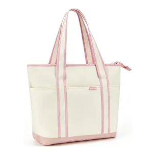Women Casual Canvas Tote Bag Large Capacity Shoulder Bag Multi-Compartment Work Beach Handbag with Zipper Closure