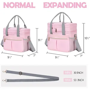 Dettaglio borsa termica pranzo rosa isolata con design estensibile e cinghia regolabile.