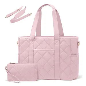 Pink quilted laptop tote bag with matching pouch and adjustable strap for daily use.