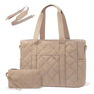 Quilted nylon tote bag set for women with shoulder strap and pouch, casual daily handbag.