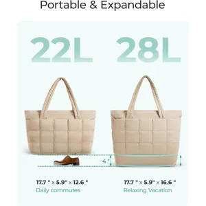 Expandable puffy tote bag detail showing 22L and 28L capacity comparison with dimensions.