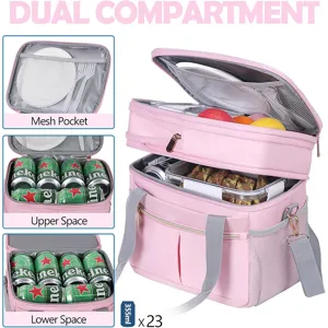 Vista dettagliata della borsa termica rosa a doppio scomparto con grande capacità.