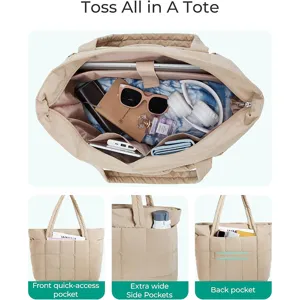Padded tote bag for women with multiple pockets, large capacity casual travel shoulder bag.