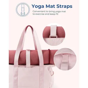 Detailed view of the pink canvas tote bag showing yoga mat strap and buckle design.