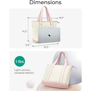 Canvas tote bag for women, lightweight casual work shoulder bag with zipper and compartments.