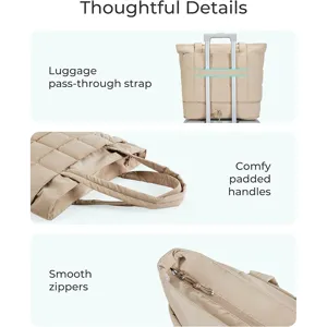 Quilted travel tote bag with luggage pass-through strap, comfy handles and smooth zippers.
