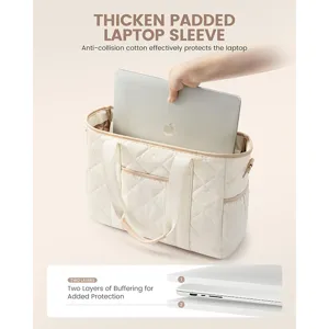 Quilted laptop tote bag for women, thick padded shoulder bag with handles and utility pockets.