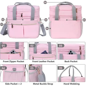 Dettaglio borsa termica doppia layer rosa con tasche multiple e fettuccia robusta.