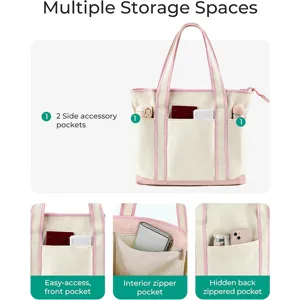 Canvas tote bag detail showcasing multiple compartments, front pocket, and convenient side pockets.