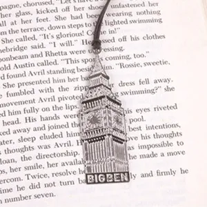 Vintage metal Big Ben bookmark with black cord, perfect creative stationery gift for book lovers.