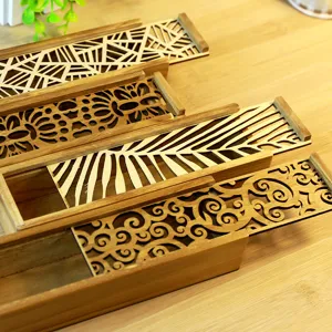 Creative wooden pencil case with hollow sliding lid, cute vintage stationery storage box for students.