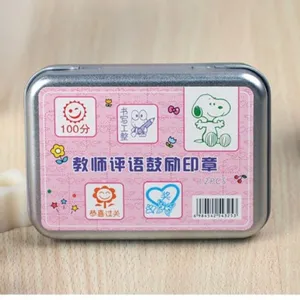 Cute cartoon teacher encouragement stamp set in metal tin box for kids learning stationery.
