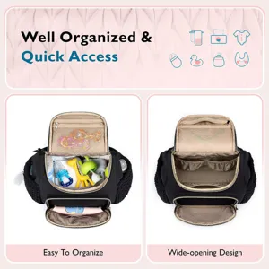 Detail du mini sac a dos a langer montrant l'organisation multi-compartiments et l'ouverture.