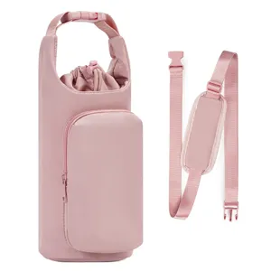 Pink insulated water bottle holder bag with phone pocket and adjustable shoulder strap.