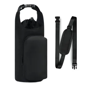 Black insulated water bottle bag with phone pocket and adjustable shoulder strap.