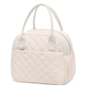 Quilted insulated lunch bag for women, portable thermal cooler handbag with front pocket.