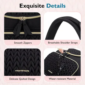 Détail de sac à dos à langer: fermetures éclair fluides, bretelles respirantes, matelassé.