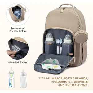 Detailed view of waterproof diaper backpack featuring insulated pockets and pacifier holder.
