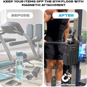 Magnetic gym water bottle holder pouch detail showing secure attachment on equipment.