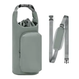 Insulated water bottle bag detail view with front phone pocket and adjustable strap.