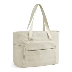 Sac Cabas en Nylon Beige avec Poche Avant Matelassée et Bretelles Anses Vue de Détail