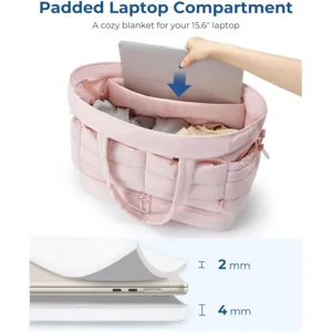 Pink quilted tote bag with padded 15.6 inch laptop compartment and travel gym design.