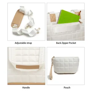 Dettagli borsa trapuntata con tracolla regolabile, tasca posteriore con zip, manico e pochette.