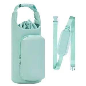 Water bottle bag detail showing insulated pouch, phone pocket, and adjustable shoulder strap.
