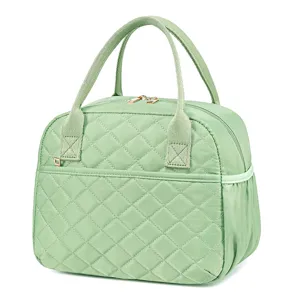 Insulated lunch bag for women, cute quilted tote bag with double handles and front pocket.