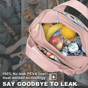 Pink insulated lunch bag for women, leakproof cooler handbag with PEVA liner for work.
