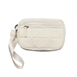 White quilted nylon wristlet wallet with zipper closure and strap, perfect travel card pouch.