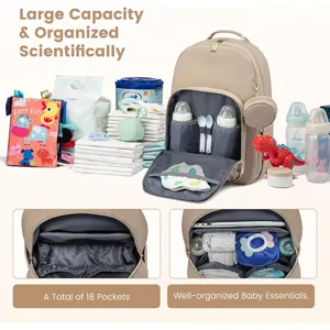 Detailed view of the multi-functional diaper backpack showing interior compartments and 18 pockets.