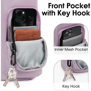 Women water bottle bag with front pocket mesh pocket key hook purple sling carrier holder