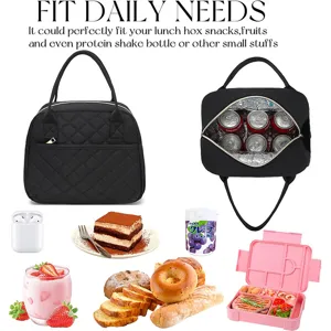 Quilted insulated lunch bag for women, waterproof thermal lunch tote bag with zipper and pockets