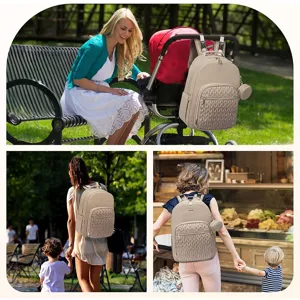 Beige stylish diaper backpack for traveling, waterproof mommy bag with insulated pockets.
