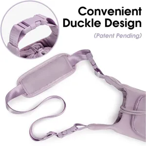Adjustable water bottle strap detail with convenient buckle design in light purple color.