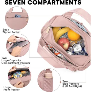 Detailed view of pink insulated lunch bag showing seven compartments and multiple pockets.