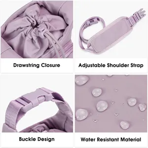 Water bottle pouch detail view showing drawstring closure, adjustable strap, and buckle design.