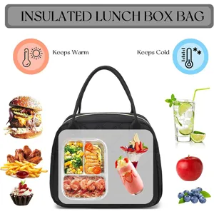 Insulated lunch box bag with thermal cooler function, black quilted portable tote.