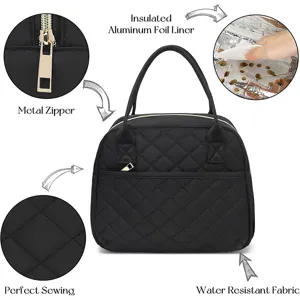 Black quilted insulated lunch bag with aluminum foil liner, waterproof fabric and metal zipper.