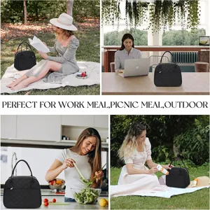 Detailed lifestyle collage showcasing the black quilted lunch bag in work and picnic scenes.